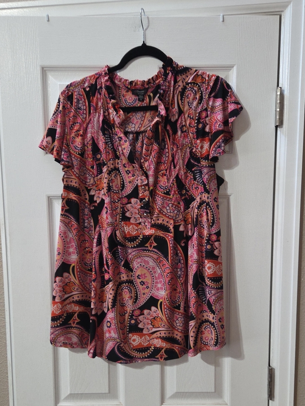 Cocomo Pink and Black Paisley Ruffle Tie-Front Blouse